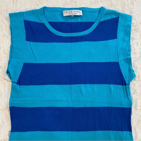 Trina Turk Women's Top Small Petite Blue Striped Cotton Blend Short Sleeve‎ - Picture 2 of 8
